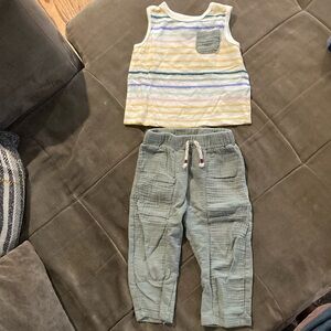 Peek 12-18M matching set. Green 100% cotton pants and tank top. EUC. Gender N